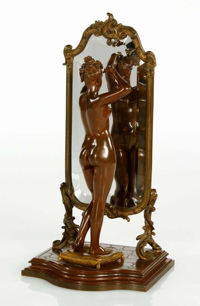 Pinedo, Nude in Mirror, Bronze: Emile Pinedo (French, 1840-1916), nude in cheval mirror, bronze, 13 3/8" h x 6 7/8" w. Provenance: From the collection of Hyatt Lemoine of New Haven, Connecticut. Hyatt was a Yale professor and an ast