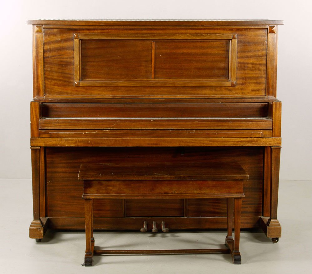 Marshall & Wendell Player Piano: Marshall & Wendell player piano, mahogany, with bench and assorted rolls, Albany NY, serial # 57937. Provenance: From a Beverly, MA collection.