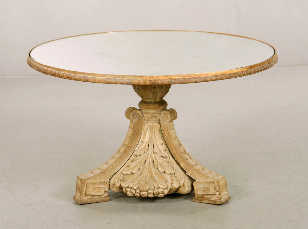 Italian Neoclassical Style Mirrored Top Table: Italian Neoclassical style mirrored top table, carved and painted wood, 18" h x 30" dia. Provenance: From the estate of A. V. G. Hacyshlavn, Watermill, South Hampton, NY.