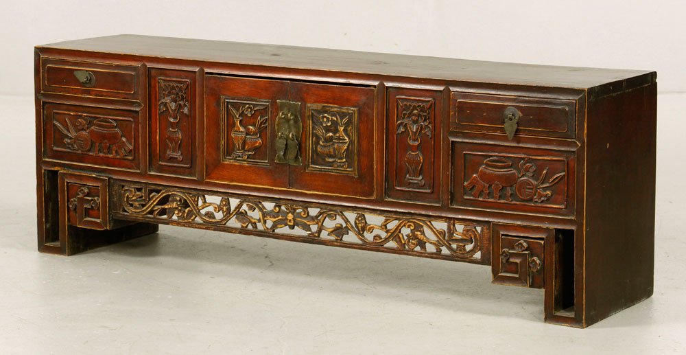 19th C. Chinese Carved Altar Cabinet: 19th century Chinese carved wood altar cabinet, 13 3/4" h x 40 1/4" l x 9 3/4" d. Provenance: From the Narragansett, RI and Baltimore, MD estates of the Robinson family.