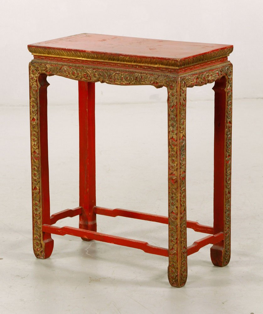 19th C. Chinese Painted Table: 19th century Chinese table, red and gold painted wood, with carved legs, 24" h x 20" w x 10" d. Provenance: From the estate of A. V. G. Hacyshlavn, Watermill, South Hampton, NY.