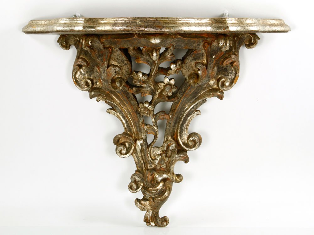 Italian Silver Gilt Carved Bracket Shelf: Italian bracket shelf, silver gilt and carved wood, 18" h x 23" w x 10" d. Provenance: From the estate of A. V. G. Hacyshlavn, Watermill, South Hampton, NY.