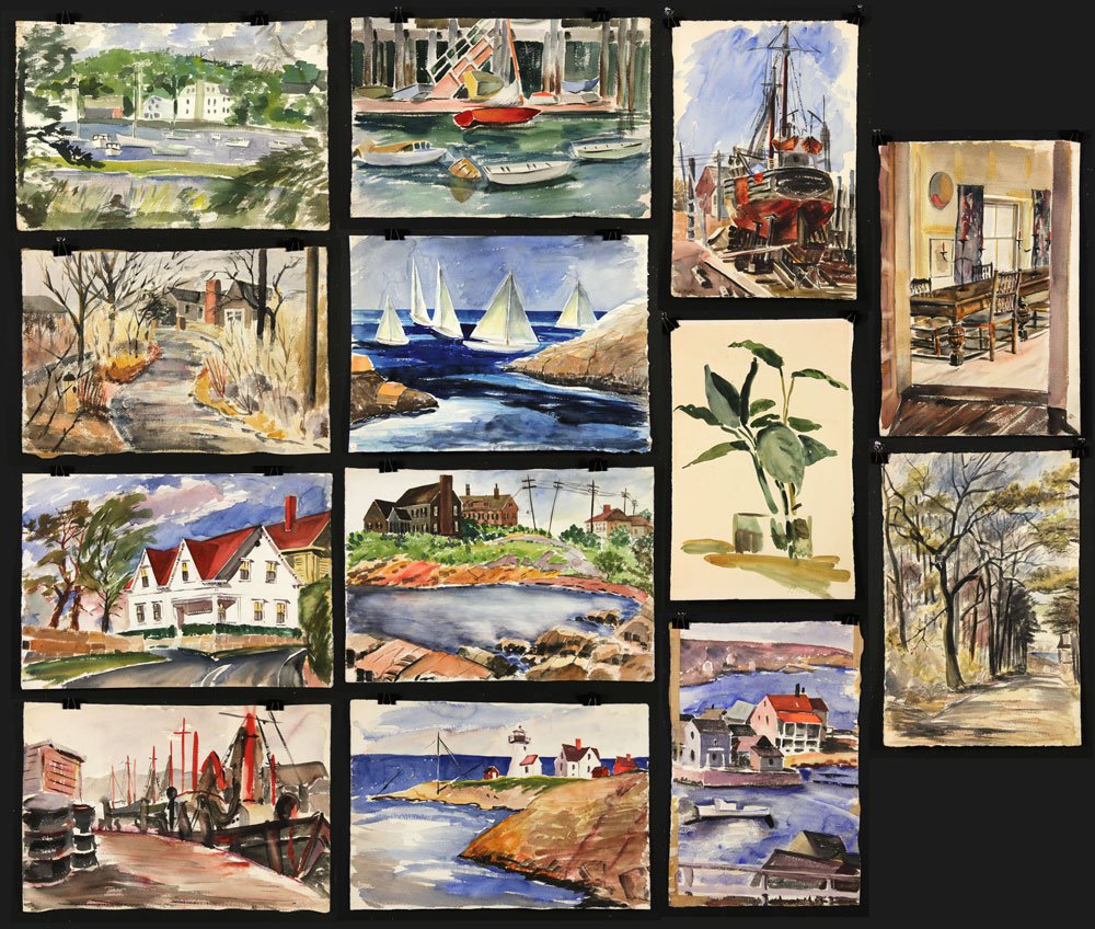 13 Watercolors on Paper: Collection of thirteen watercolors on paper, 10 sheets, 3 painted both sides, mostly unsigned, all unmatted and unframed, largest 15" h x 22 1/4" w. Provenance: From a Beverly, MA collection.