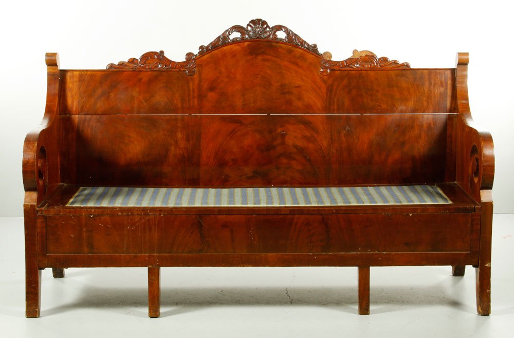 19th C. Empire Mahogany Sofa Bench: 19th century Empire sofa bench, mahogany, figured mahogany back with carved trim, 44 1/4" h x 70 3/4" w x 25" d. Provenance: From a New Hampshire estate.
