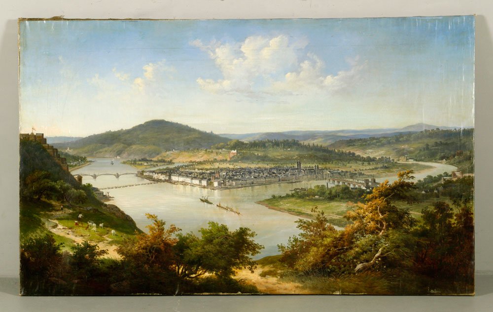 Zink, Panoramic View of a City, O/C: Gustav Zink (German, 19th century), panoramic view of a city, oil on canvas, unframed, signed lower right, 32 3/4" h x 54 1/4" w. Provenance: From a California collection.