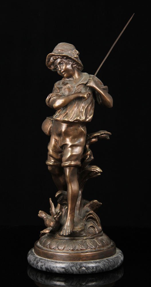 After Moreau, "Boy with Fishing Pole and Duck," Bronze: After Auguste Moreau, "Boy with Fishing Pole and Duck," hollow cast bronze, on marble base, 16" h x 7" dia. Provenance: From a Massachusetts estate.