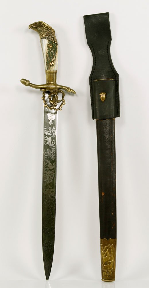 German-Style Post WWII Hunting Dagger: German-style post-WWII later reproduction dagger, blade engraved with hunting scene and inscribed "Gott Mit Uns," guard marked with Nazi insignia, hilt with figural hoof and acorn, pommel with eagle h
