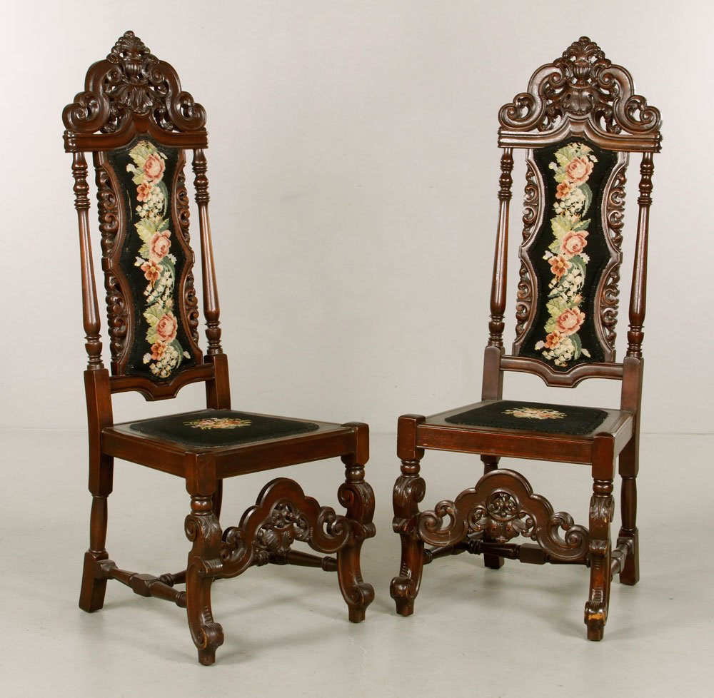 Pr. Late 19th C. Continental-Style Chairs: Pair of late 19th century Continental-style chairs, mahogany, with needlepoint seats, 53" h x 20" w x 17 1/2" d. Provenance: From the unreserved collection of Mrs. Jackie Pearson of San Diego, Califor