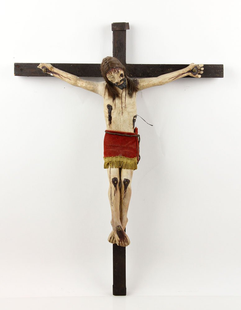 Antique Mexican Crucifix: Antique Mexican crucifix, painted wood, 25" h x 18" w. Provenance: From the unreserved collection of Mrs. Jackie Pearson of San Diego, California.