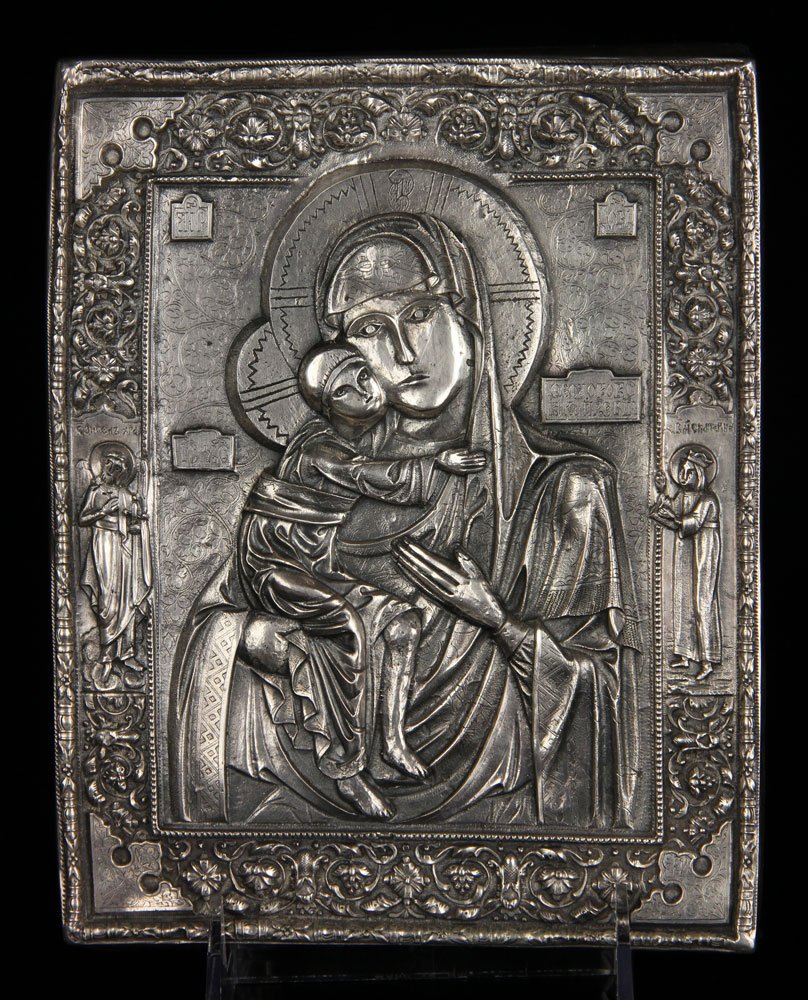 Madonna and Child Icon: Icon depicting the Madonna and Child, silver, illegibly hallmarked, 8 1/4" h x 6 1/2" w. Provenance: From the unreserved collection of Mrs. Jackie Pearson of San Diego, California.