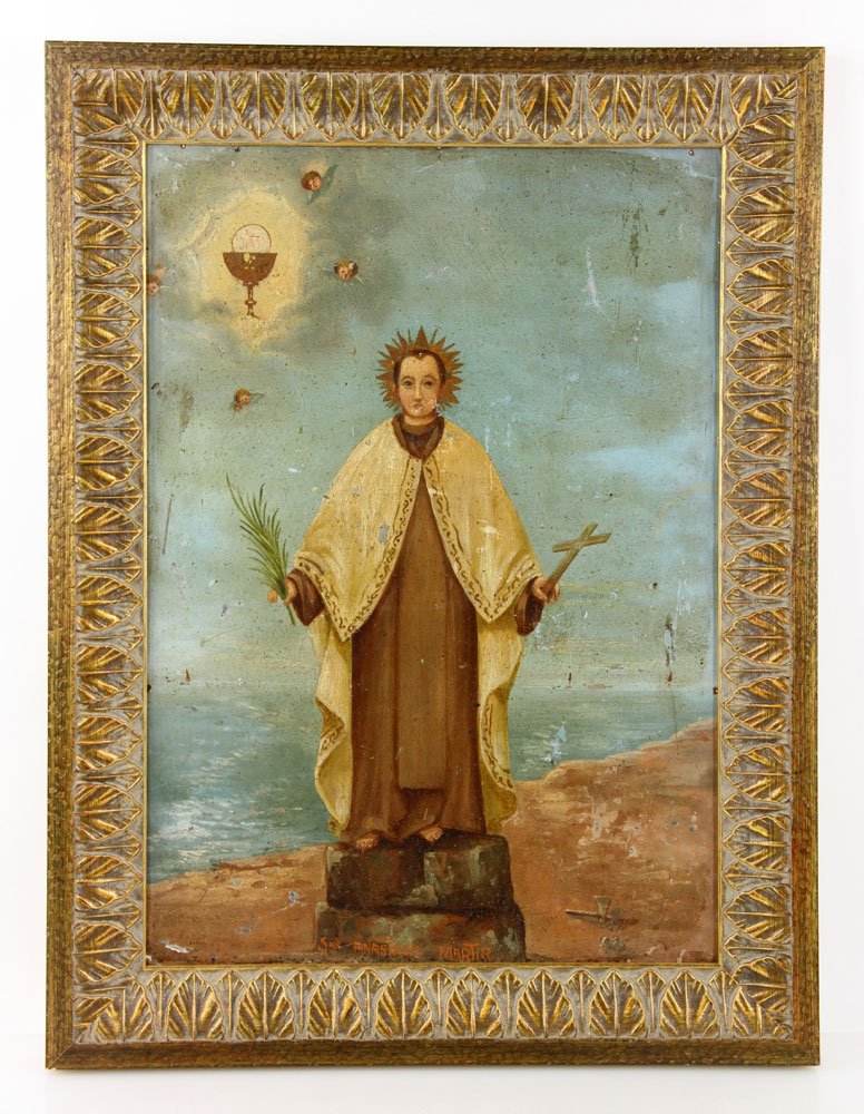Antique Spanish Retablo: Antique Spanish retablo on tin, depicting San Anastasio Martir, 19 1/2" h x 13 1/2" w (view), 24" h x 18" w (frame). Provenance: From the unreserved collection of Mrs. Jackie Pearson of San Diego, Cal