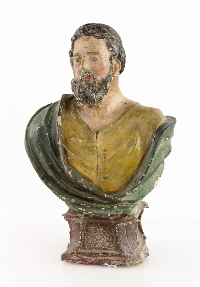 19th C. Continental Painted Plaster Bust: 19th century Continental bust, plaster, painted, 15" h x 10" w x 5" d. Provenance: From the unreserved collection of Mrs. Jackie Pearson of San Diego, California.