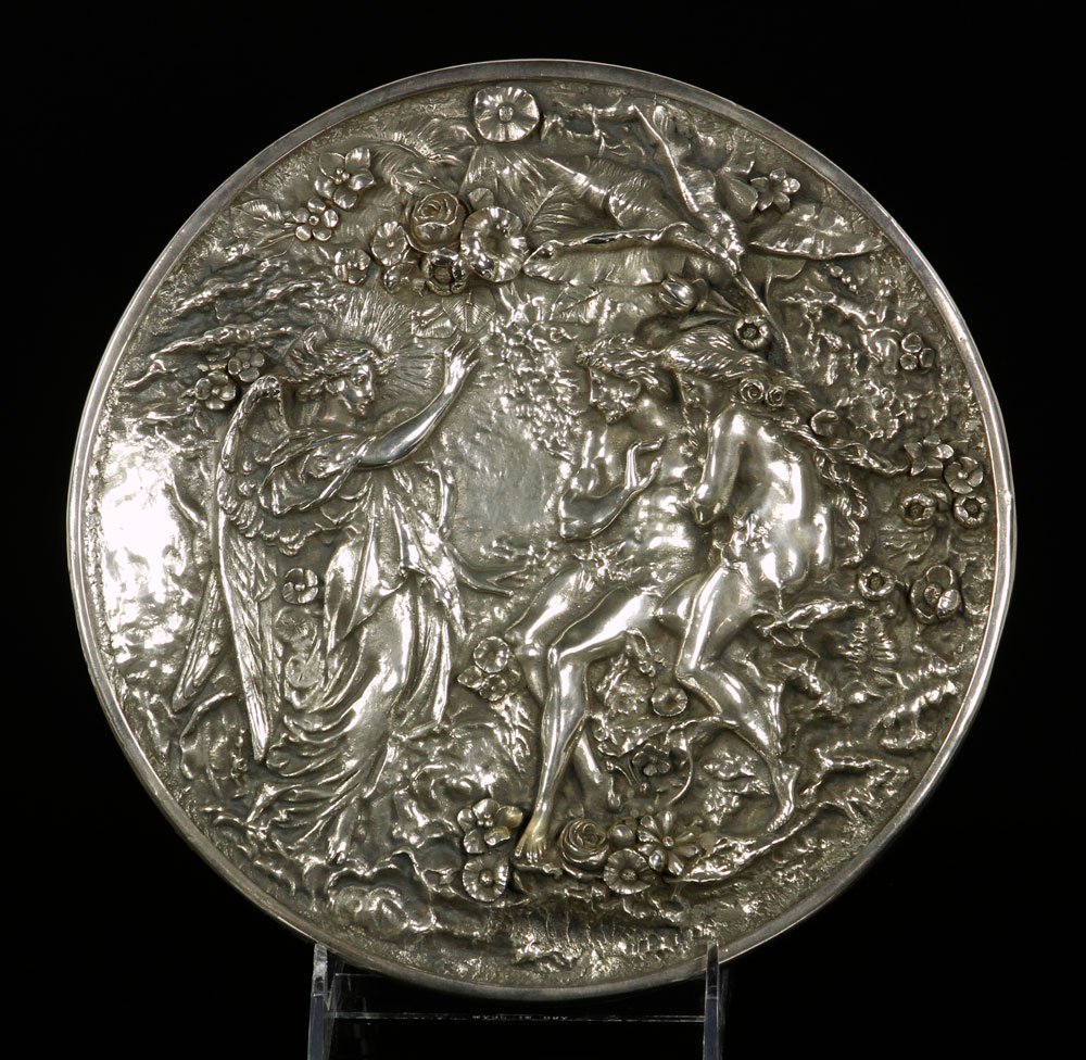 Russian Silver Relief Plaque depicting Adam and Eve: Russian relief plaque depicting Adam and Eve, silver, sterling, marked .925, with other illegible marks, 9" dia. Provenance: From the unreserved collection of Mrs. Jackie Pearson of San Diego, Califor