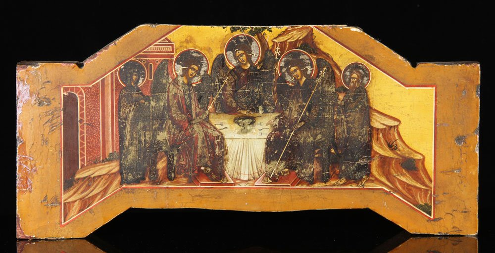19th C. Russian Religious Scene: 19th century Russian religious scene, painted on wood, 9 1/2" h x 19 3/4" w. Provenance: From the unreserved collection of Mrs. Jackie Pearson of San Diego, California.