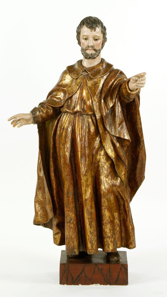 18th C. Italian Santos Figure: 18th century Italian Santos figure, polychrome painted and carved wood, on a faux marble block, 45" h x 24" w x 11" d. Provenance: Unreserved collection of Mrs. Jackie Pearson of San Diego, California