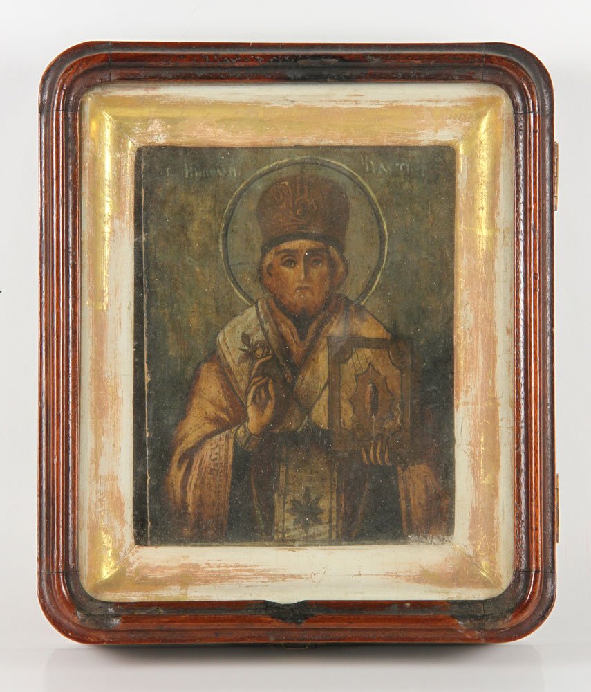 19th C. Russian Icon in Shadow Box: 19th century Russian icon, wood, in a gilt wood shadow box, 10" h x 8 1/2" w x 3" d. Provenance: From the unreserved collection of Mrs. Jackie Pearson of San Diego, California.