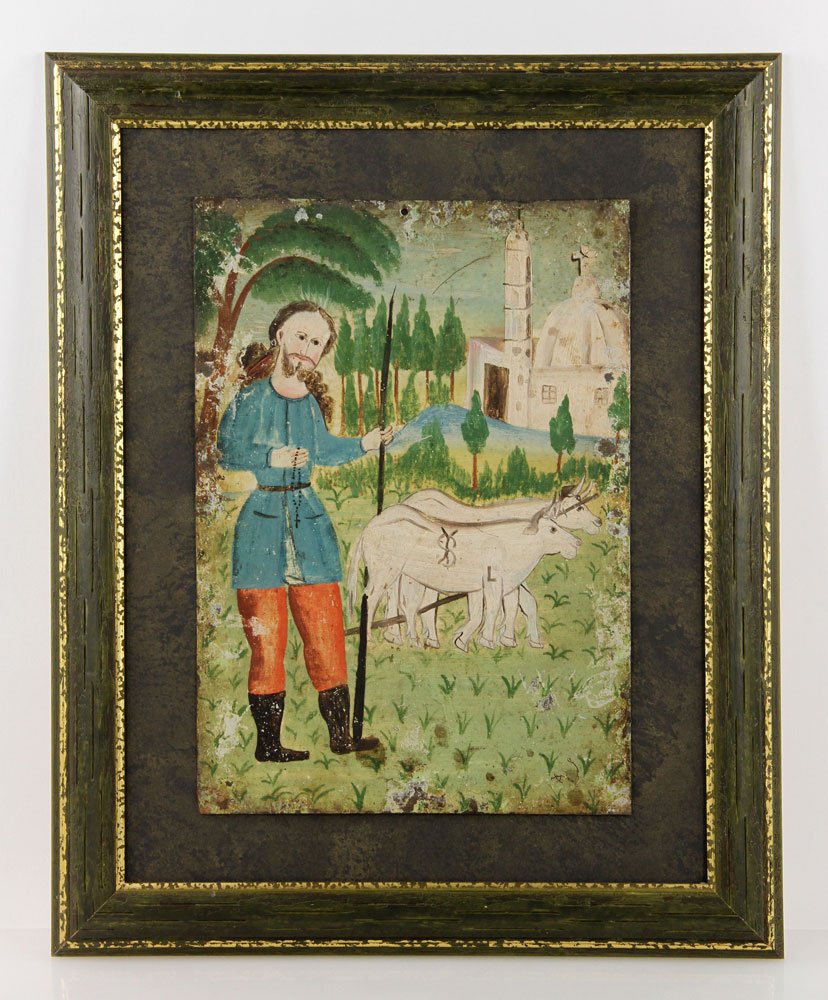 19th C. Spanish Retablo Depicting Saint Isadore: 19th century Spanish retablo depicting Saint Isadore, 14" h x 10" w (view), 17" h x 21" w (frame). Provenance: From the unreserved collection of Mrs. Jackie Pearson of San Diego, California.
