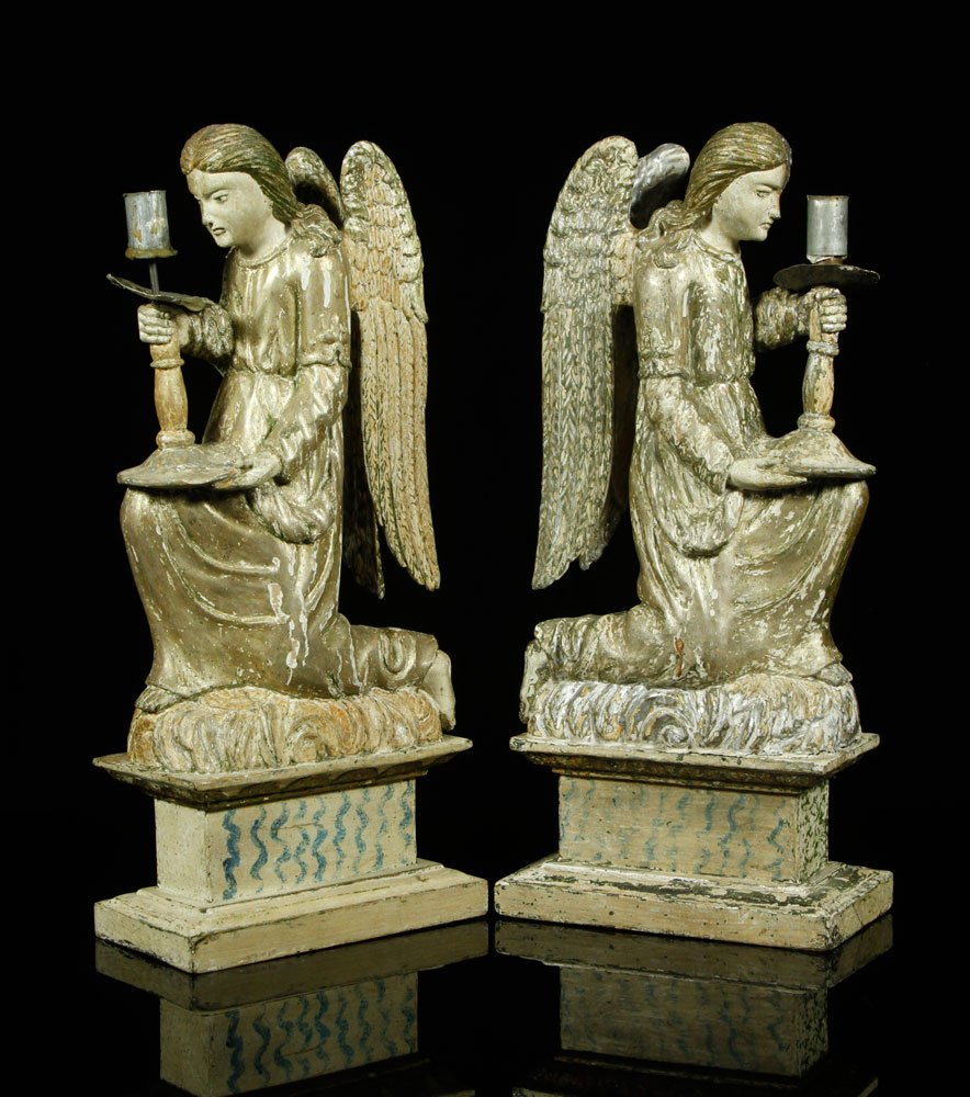 Pr. Candlesticks in the form of Angels: Pair of candlesticks in the form of angels, painted wood, 16 1/2" h x 7 1/2" w x 4" d. Provenance: From the unreserved collection of Mrs. Jackie Pearson of San Diego, California.
