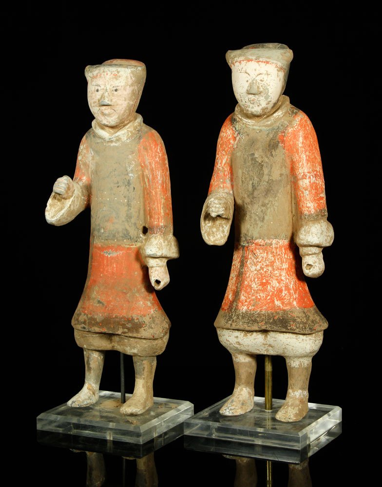 Two Tang Dynasty Figures: Lot of two Chinese Tang Dynasty figures, 19" h x 6" w x 5 1/2" dia. Provenance: Unreserved collection of Mrs. Jackie Pearson of San Diego, California.
