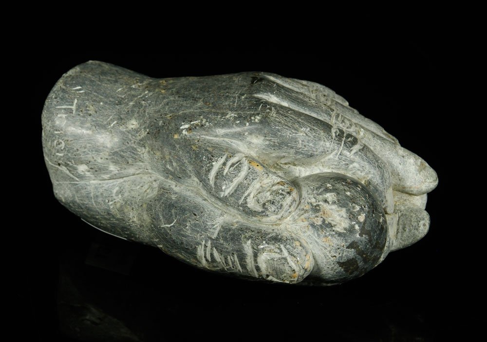 Pr. Inuit Carved Stone Hands: Pair of Inuit carved hands, stone, signed "Trici," 7" h x 5" w x 3" d. Provenance: From the unreserved collection of Mrs. Jackie Pearson of San Diego, California.