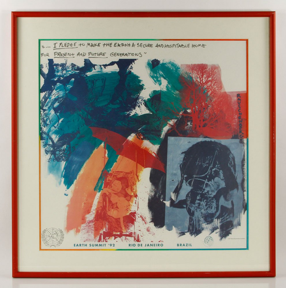 Rauschenberg Print: Robert Rauschenberg print, dated 1991, 26"square (view), 33"square (frame). Provenance: From the unreserved collection of Mrs. Jackie Pearson of San Diego, California.