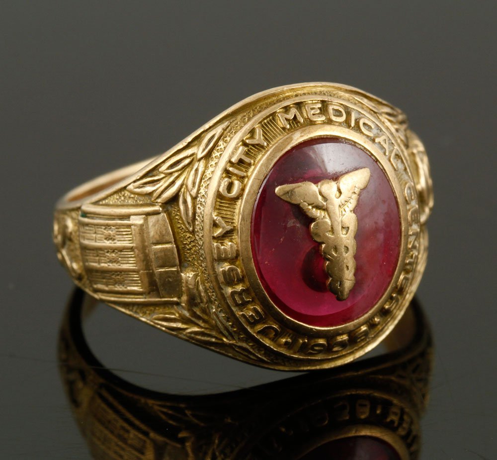 10K Gold Ring: 10K yellow gold Jersey City Medical Center ring. Provenance: From the unreserved estate of a prominent Los Angeles attorney.