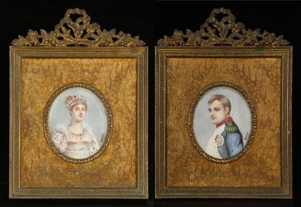 Pr. French Miniature Paintings of Napoleon and: Pair of French miniature paintings of Napoleon and Josephine, on celluloid, in brass frames, both signed "Dennery," 5" h x 3 3/4" w. Provenance: From the unreserved estate of a prominent Los Angeles a