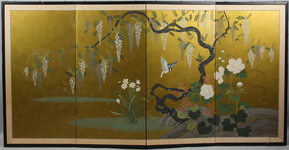 Chinese Table Screen: Chinese four-panel table screen on rice paper featuring a floral landscape with humming bird, 36" x 72". Small tear on lower edge, otherwise good condition.