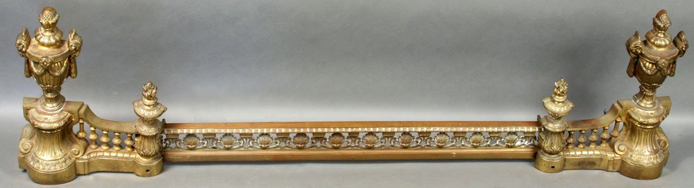 19th C. French Louis XVI Brass Fire Fender: 19th Century French Louis XVI brass fire fender, 16"h. x 47"l.