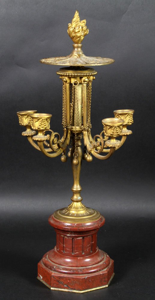 Late 19th C. French Candelabra: Late 19th century five (5) light candelabra with ormolu top with classical motifs, on red marble pedestal base, octagonal foot, circa 1880, flame finial, 16 3/4"h.