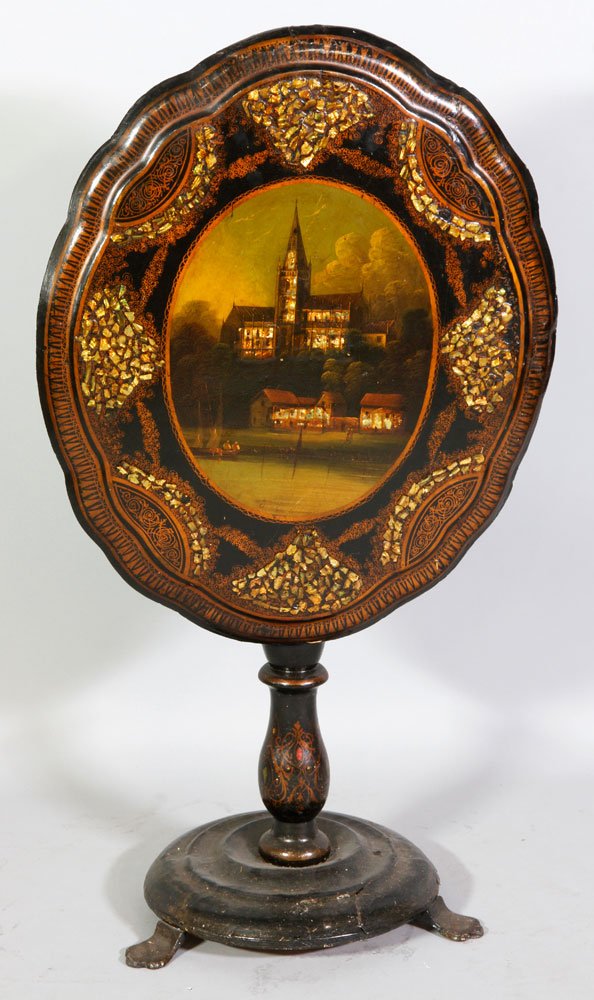 English Victorian Papier-Mache Table: English, Victorian, tilt top table, papier mache, serpentine oval top inlaid with mother-of-pearl florals and a center scene of a church, baluster-form column on round base with three tab feet, circa