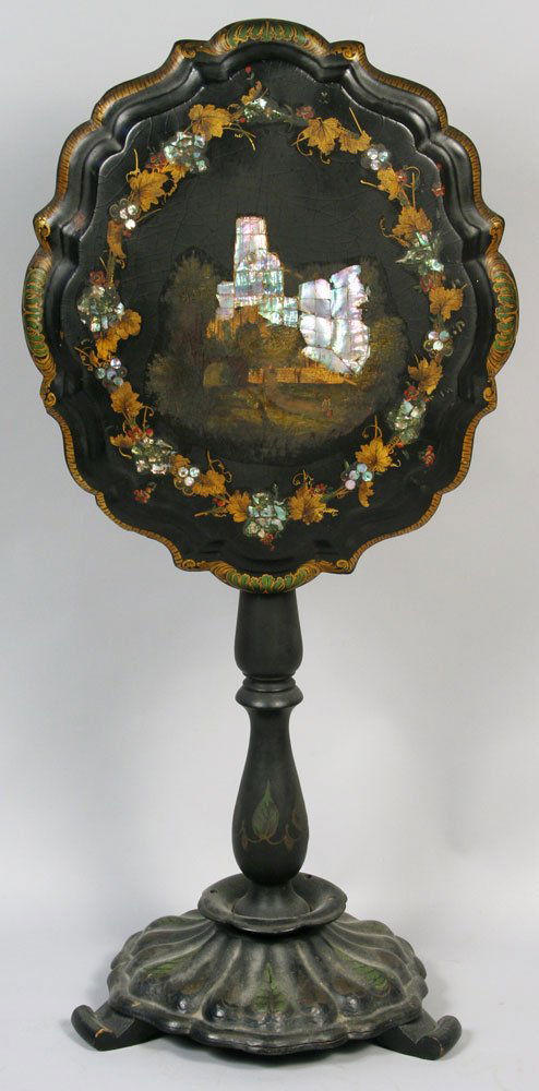 19th C. Paper Mache Tilt Top Table: 19th Century tilt top table with mother-of-pearl inlay and oval scalloped edge top, 27"h (with top down) x 19"w. Some chips to underside of top.