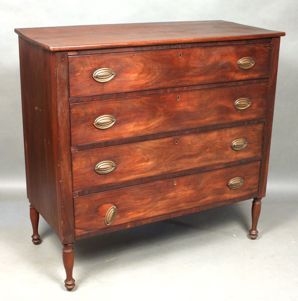 Early 19th C. Sheraton Mahogany Chest: Early 19th Century Sheraton mahogany four-drawer chest having original brass oval pulls, 39 3/4"h. x 41 1/4"w. x 19"d.