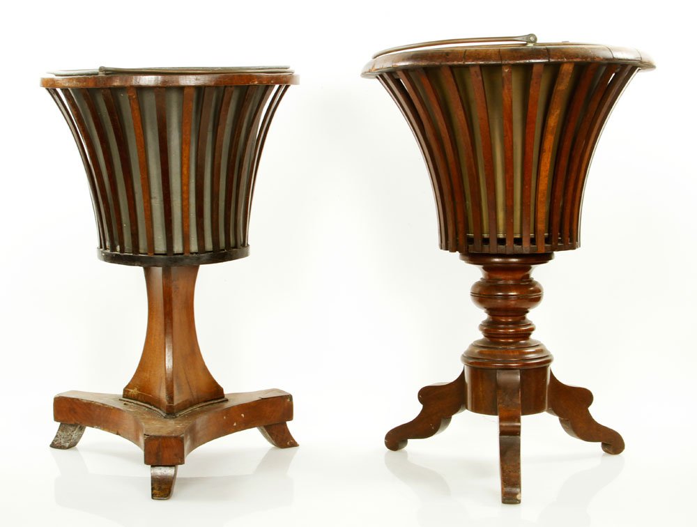 2 19th C. English Mahogany Wine Coolers: Lot of two 19th century English wine coolers/planters, mahogany with brass and metal inserts, one is 22"h x 15"dia, other is 21 1/2"h x 13 1/2"dia. Provenance: From a California estate.