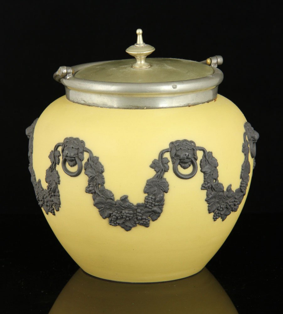 Yellow Wedgwood Jasperware Jar: Yellow Wedgwood Jasperware biscuit jar, 6 1/2" x 6 1/2". Provenance: FL estate.
