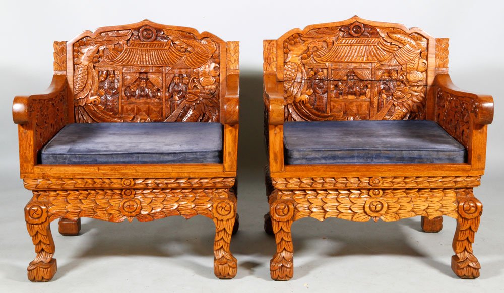 Pair Vietnamese Carved Armchairs: Pair of Vietnamese carved armchairs, 32 3/4"h x 28"w x 24"d.