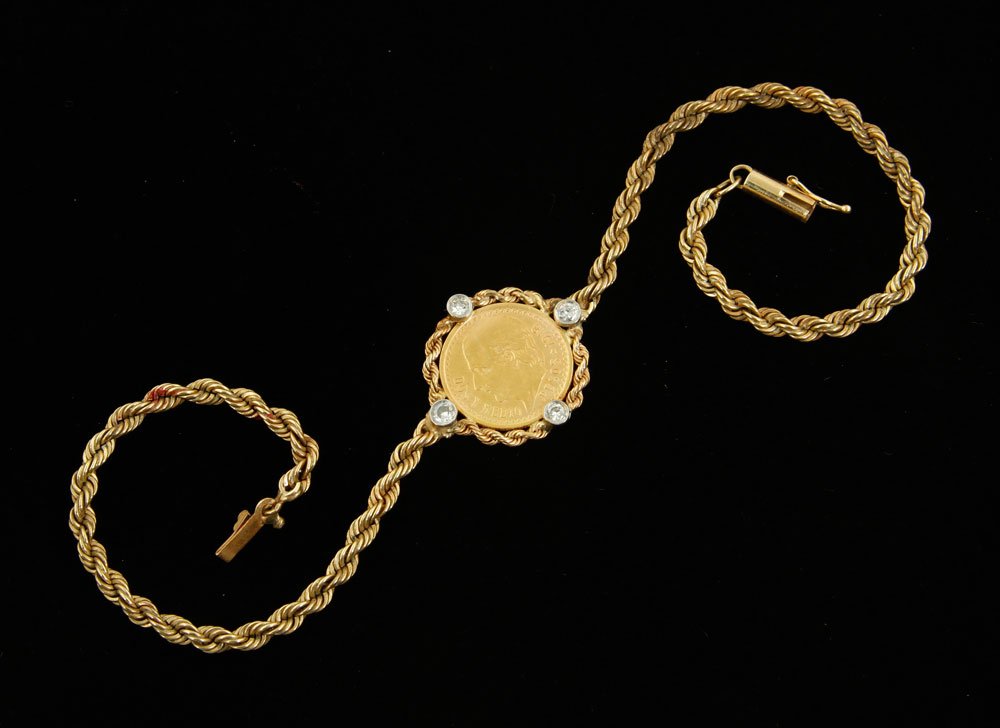 14K Yellow Gold Bracelet with 4 Diamonds: 14K yellow gold bracelet with four diamonds and 1918 Mexican peso gold coin, coin approximately 5/8" dia., 9 3/4" l, approximately 11 grams TW. Provenance: From a California collector.