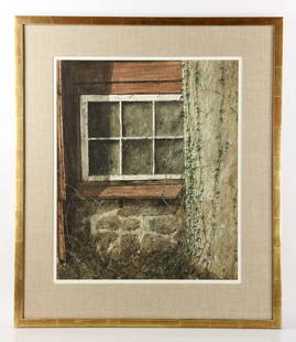 Berger, Window with Vines, W/C: Nicholas Berger (American b.1949), window with vines, watercolor, signed lower right and dated "73", under glass, 23 1/4"h x 19 1/4"w (view), 32 3/4"h x 28"w (frame). Provenance: From a MA estate.