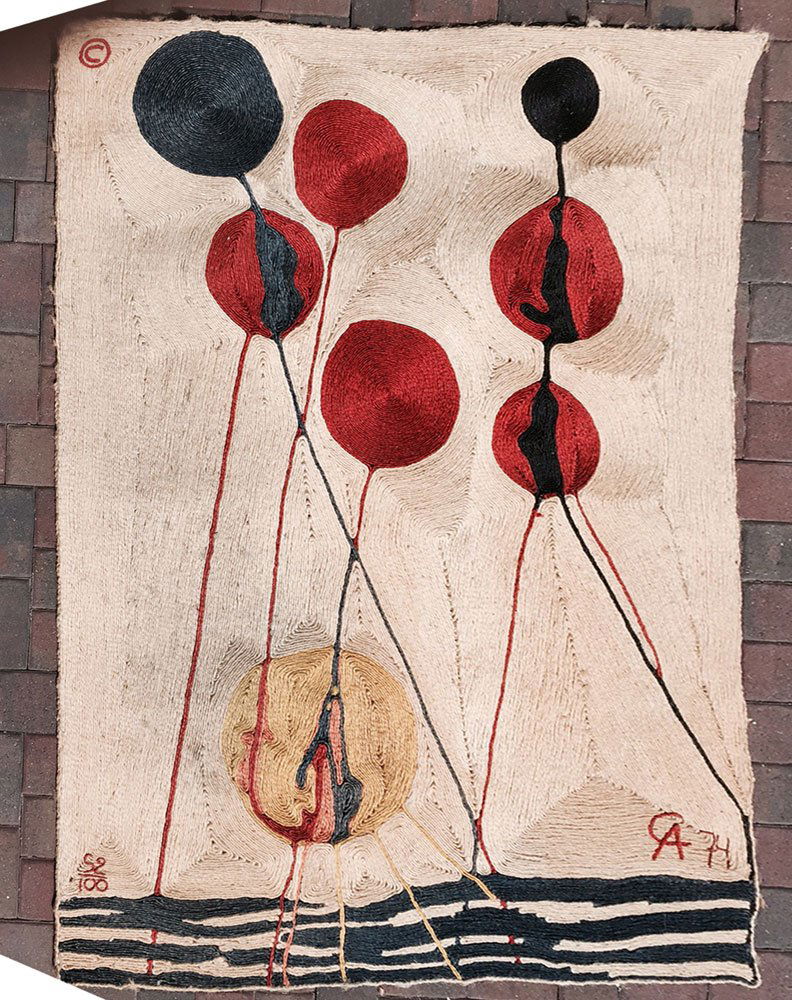 Calder Wall Tapestry: Alexander Calder braided wall tapestry, edition 52/100, and dated 1974, 72" x 97". Provenance: From a CA estate.
