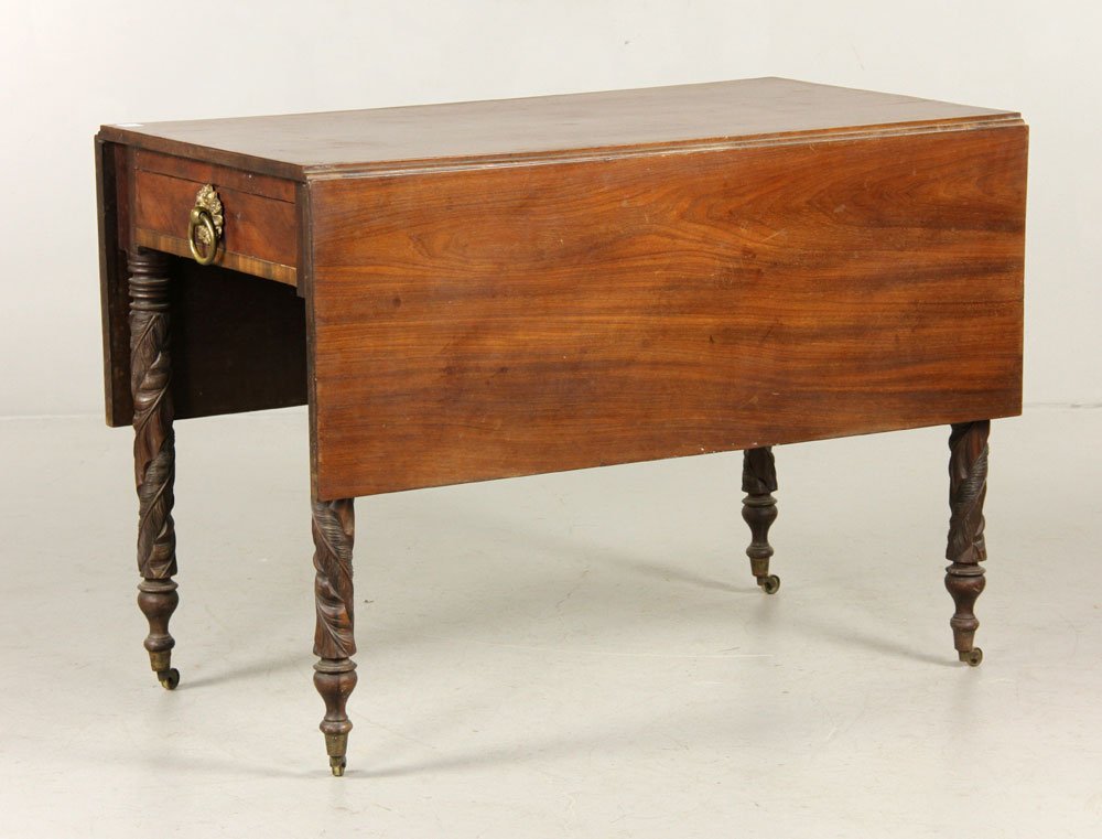 Federal Style Period Drop Leaf Table: Federal style period drop leaf table, with one drawer, 29" h, 41" l, 52"w when open. Provenance: From a MA collector.