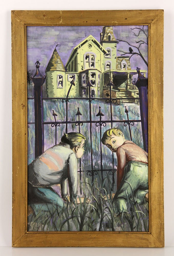 Düer, Original Book Illustration W/C on Board: Douglas Düer (1887-1964), original book illustration, children near a haunted house, signed lower left corner, 19 1/3" x 11 1/2" (view), 22 1/2" x 14 1/2" (frame). Provenance: From a Maine collector.