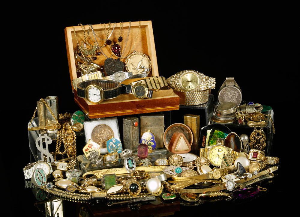 Collection of Silver and Costume Jewelry: Large collection of silver (some marked sterling, some tested), gold fill and costume jewelry, including pins, bracelets, necklaces, rings, Elgin pocket watch, Seiko, Waltham, Timex, Elgin ladies watc