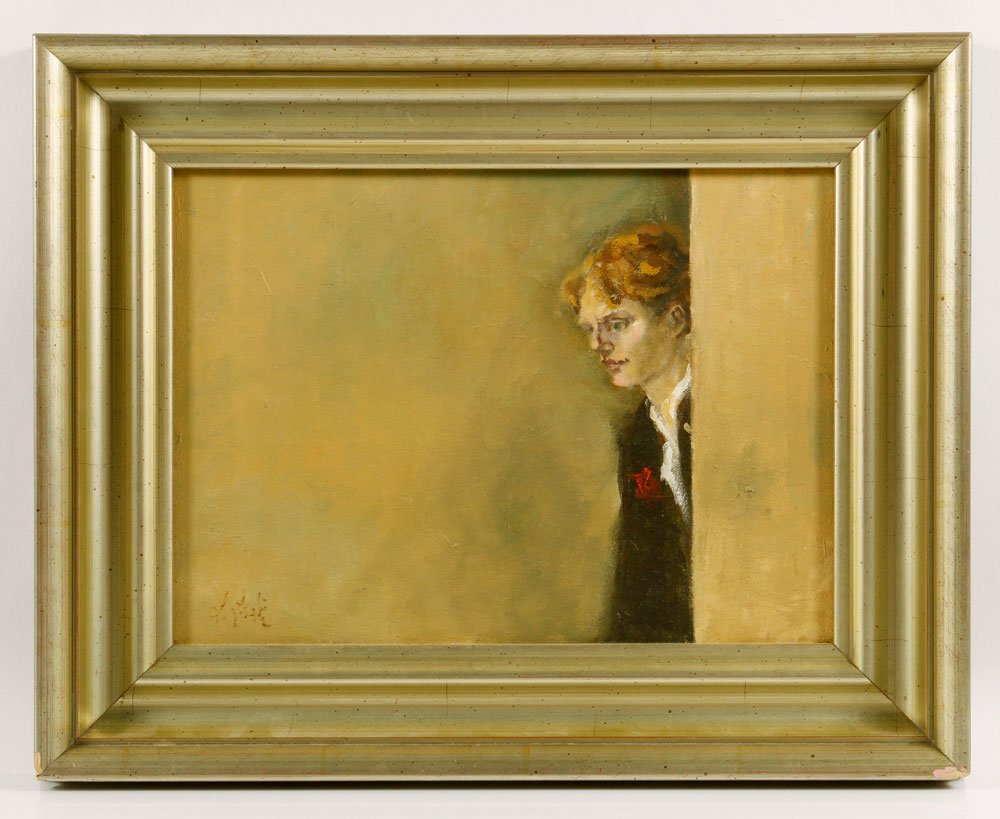 Leslie, Woman in Profile, O/C: Linda Leslie, woman in profile, oil on canvas, signed lower right, "Selby Fleetwood Gallery Santa Fe" handwritten verso, 9 1/2" x 13 1/4" (view), 14 1/2" x 18 1/2" (frame). Provenance: From a Beverly