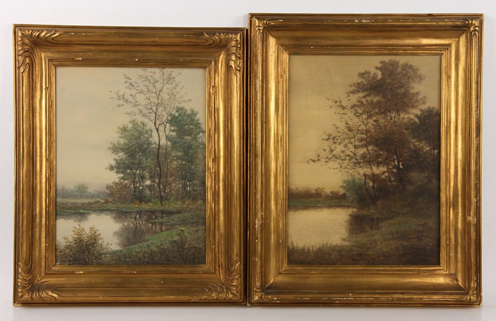 Tunison, Landscapes, 2 W/Cs: Judson Samuel Tunison (American 1868-1937), landscapes, two watercolors, both signed lower right, one is 14 1/2'h x 11"w (view), 20 1/2"h x 17"w (frame); the other is 15 1/2"h x 11"w (view), 21 1/2"h 