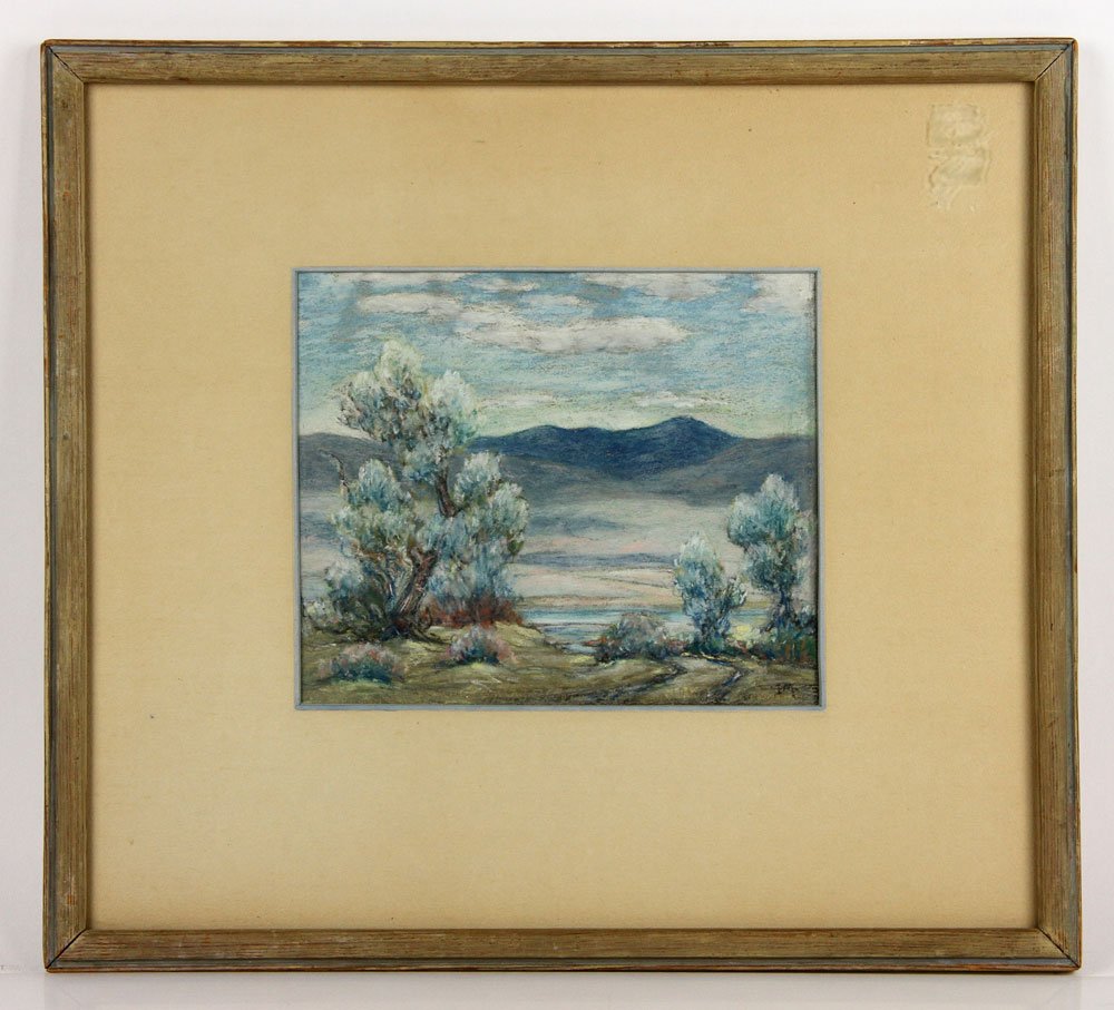 Messenger, "Across Whitewater Wash to Shadow Mnts.",: Ivan Messenger (1895-1983), "Across Whitewater Wash to the Shadow Mountains", pastel, California desert scene, initialized lower right, inscribed and dated 1947 verso, 7 1/2"h x 9"w (view), 16 1/4"h x