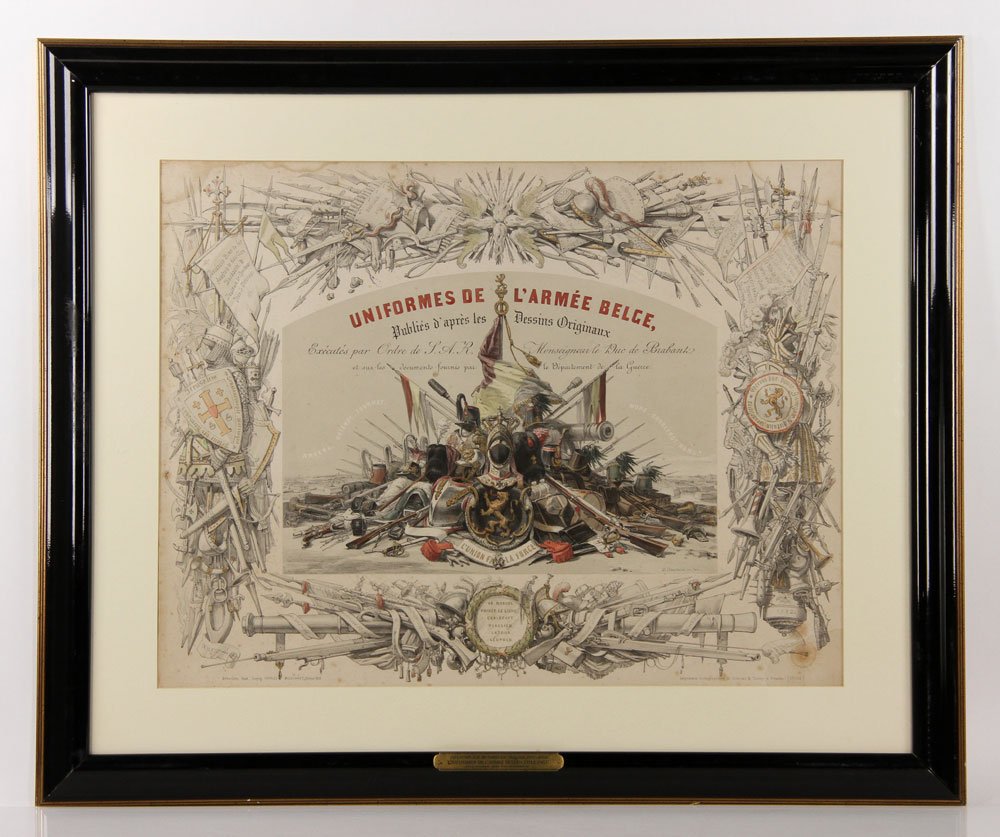 19th C. French Hand colored Print, "Uniformes de: 19th century French hand colored print, "Unifomes de L'Armee Belge," title page from a book of the same name, published 1855 by Simonau & Toovey, 22" x 28 1/2" (view). Provenance: From a Santa Barbara