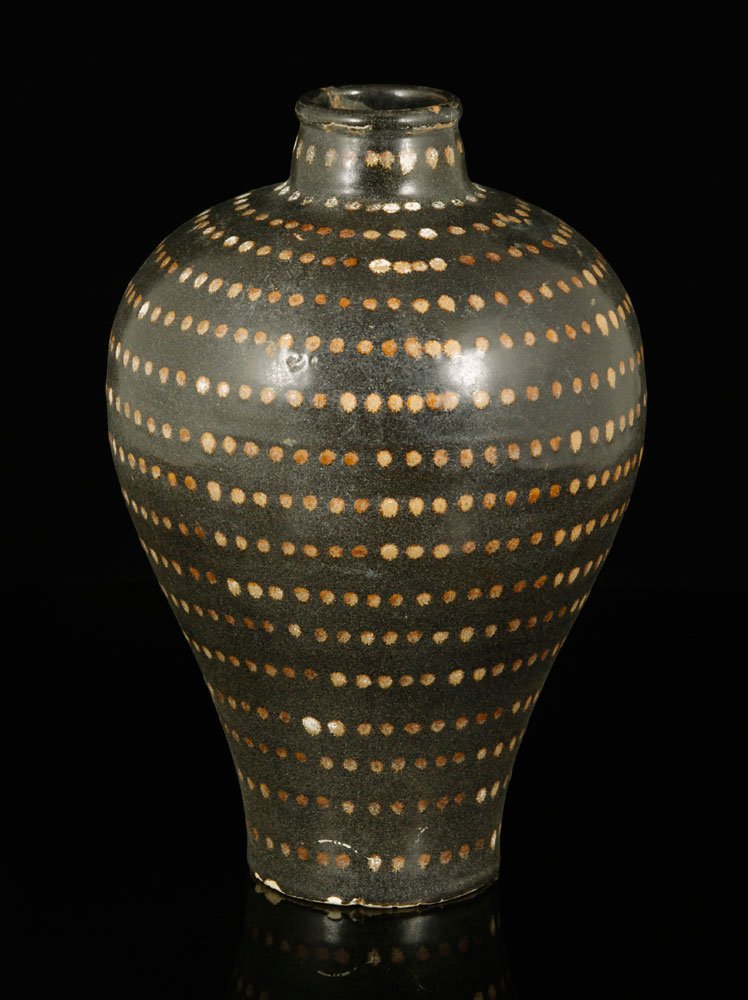 Chinese Jizhou Ware Mei Vase: Chinese Jizhou ware Mei vase, decorated with golden color spots, 9"h x 6"dia. Provenance: MA estate.