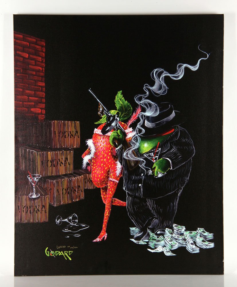 Godard, "Ollie Capone," Giclée: Michael Godard (American, born 1958), "Ollie Capone," giclée on canvas, signed LL, unframed, 35"h x 28"w. Provenance: From a California estate.