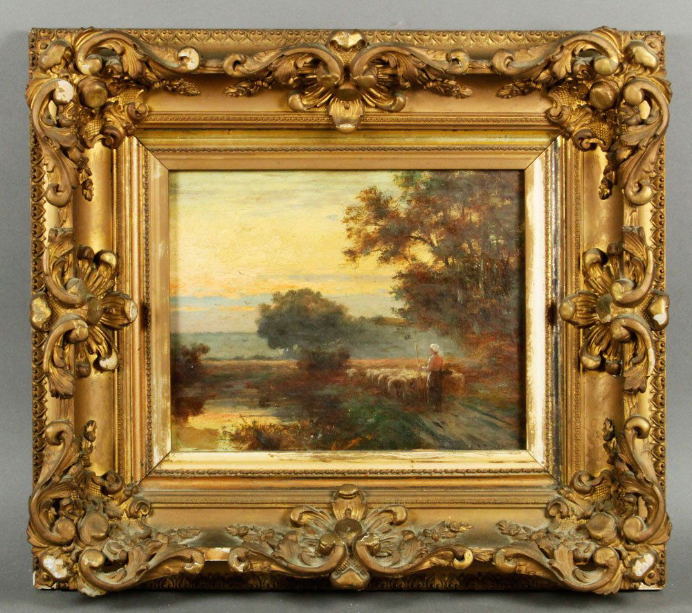 19th C. Dutch School O/C: 19th century, Dutch School, woman with sheep, oil on canvas, signed lower right possibly "J. Stuue", 8"h x 10"l (view), 15"h x 17"w (frame). Some craquelure.
