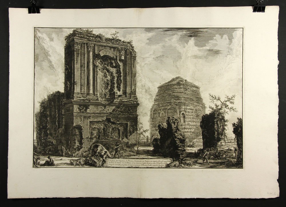 Piranesi, Veduta del Sepolcro di Pisone Liciniano,: Giovanni Battista Piranesi (Italian 1720-1778), Veduta del Sepolcro di Pisone Liciniano, etching, 1764, Hind 72, Focillon 777, state: Hind I/III, 21 1/2"h x 31"w (sheet), 16 1/8"h x 24"w (plate). Prov